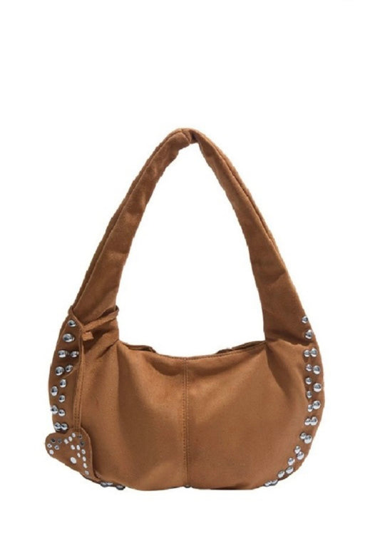 Suede Studded Shoulder Bag - Camel