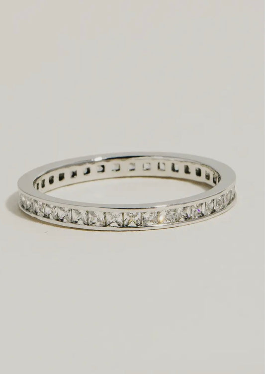 Flat Crystal Band Ring - Silver