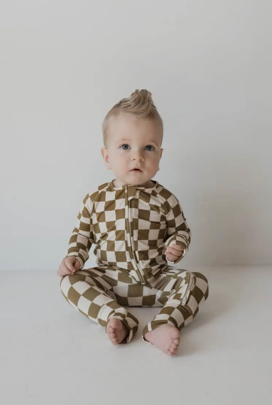 Olive Checkerboard Bamboo Zip Pjs