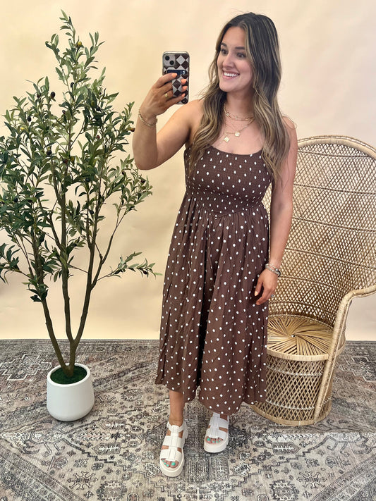 Polka Dot Midi Dress - Brown