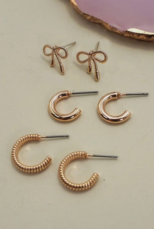 Mini Bow Hoop Trio Set - Gold