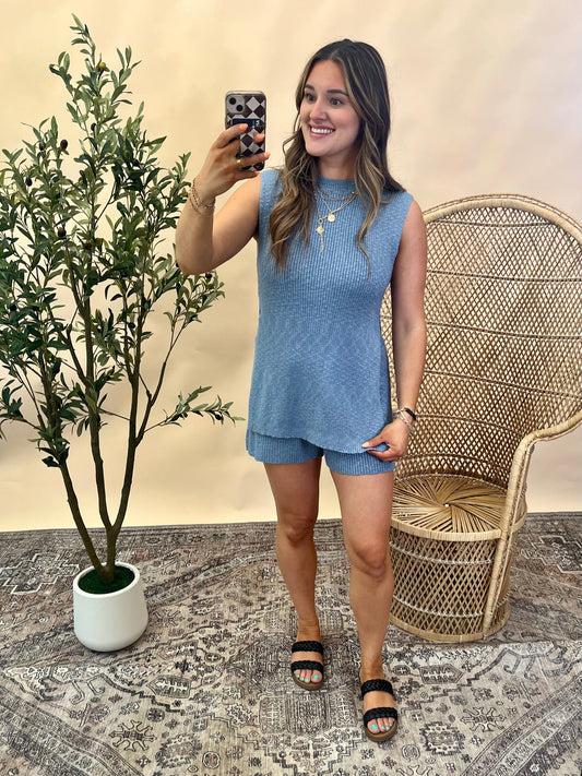Kailey Knit Sweater Shorts - Chambray