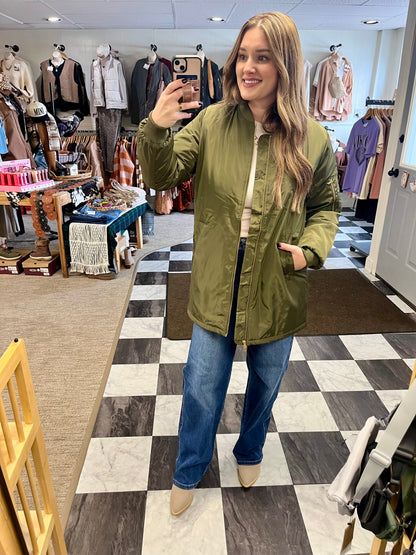 Long Line Bomber Jacket - Olive Green