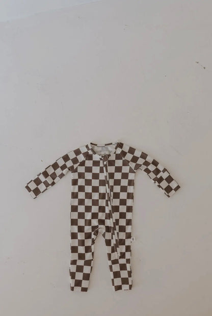 Brown Checkerboard Bamboo Zip Pjs