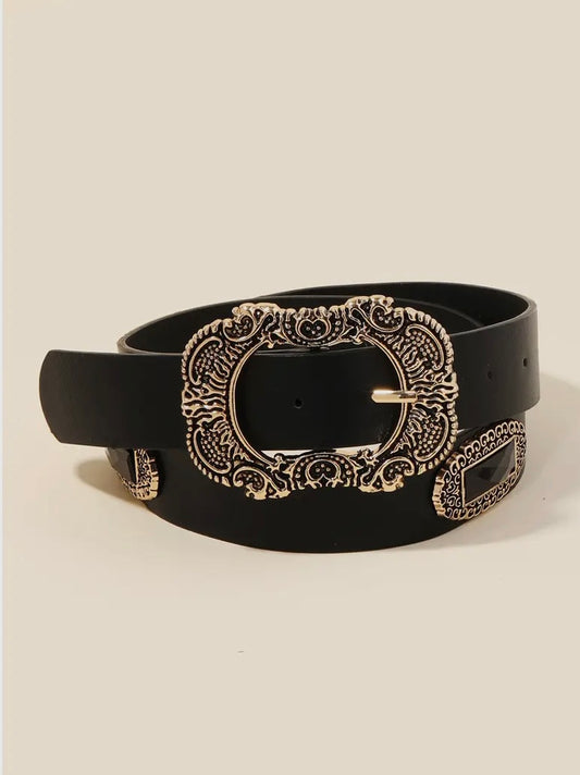 Embroidered Buckle Faux Leather Belt