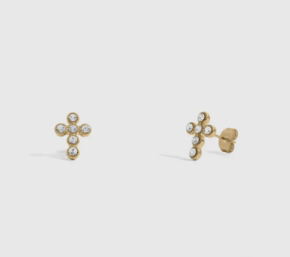 Crystal Cross Stud Earrings - Gold