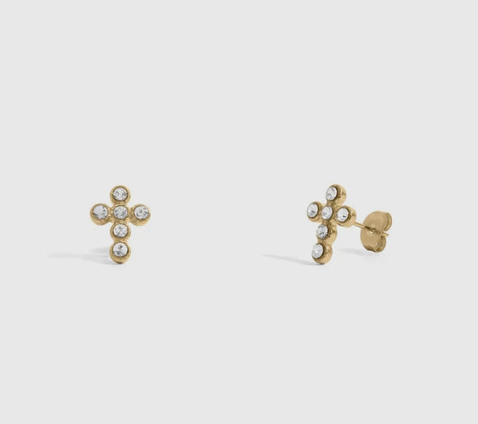 Crystal Cross Stud Earrings - Gold