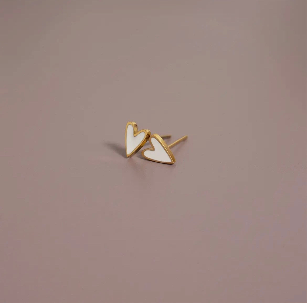 White Heart Stud Earrings - Gold