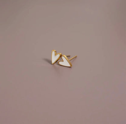 White Heart Stud Earrings - Gold