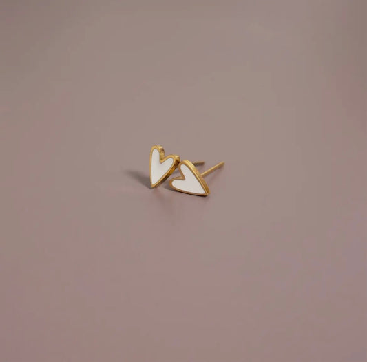 White Heart Stud Earrings - Gold
