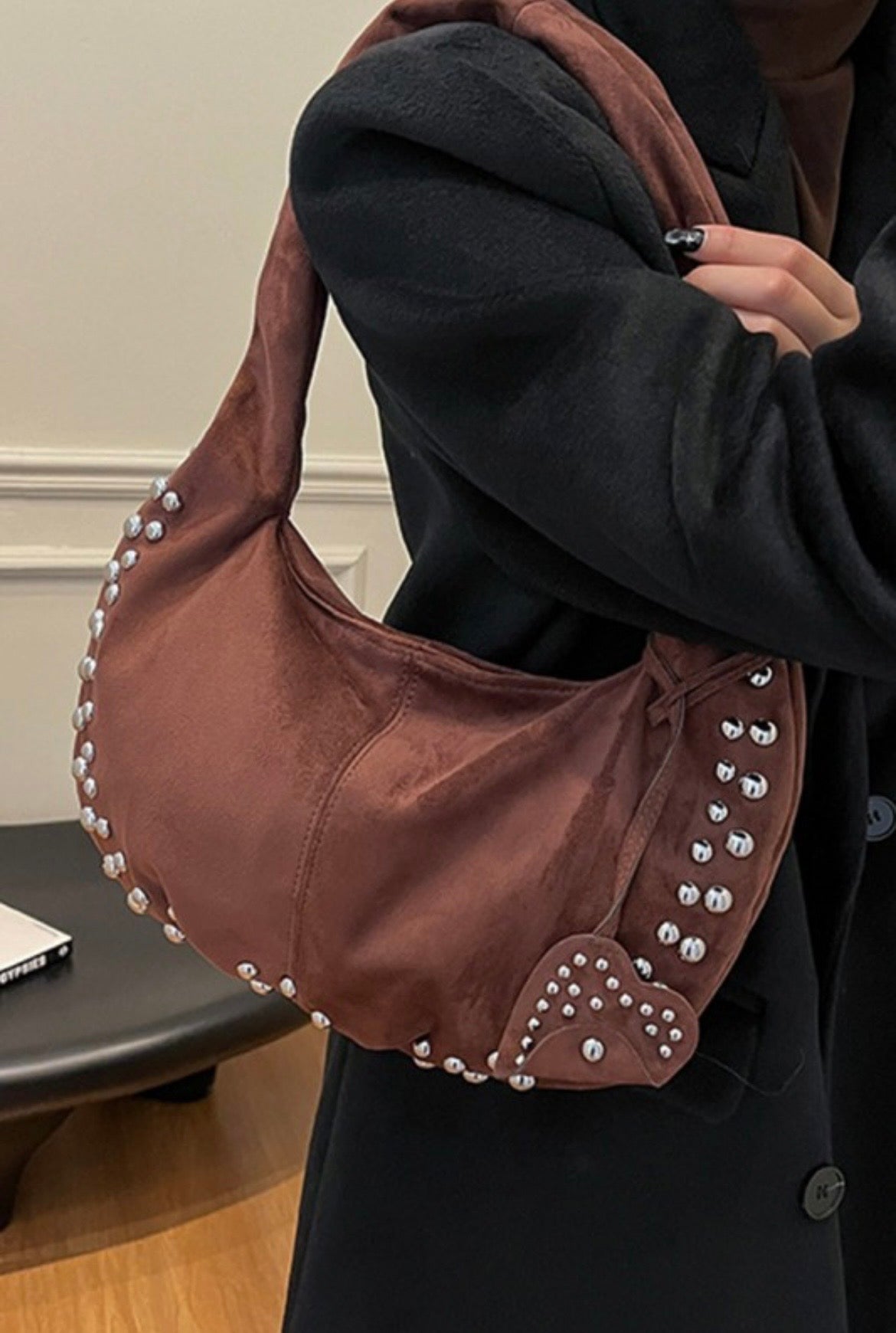 Suede Studded Shoulder Bag - Brown