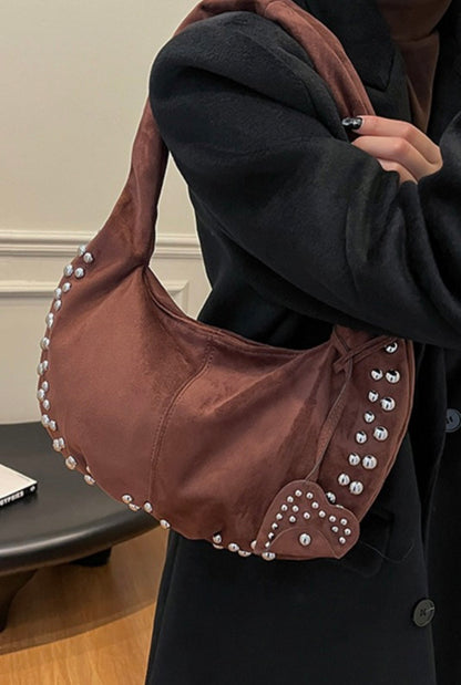 Suede Studded Shoulder Bag - Brown