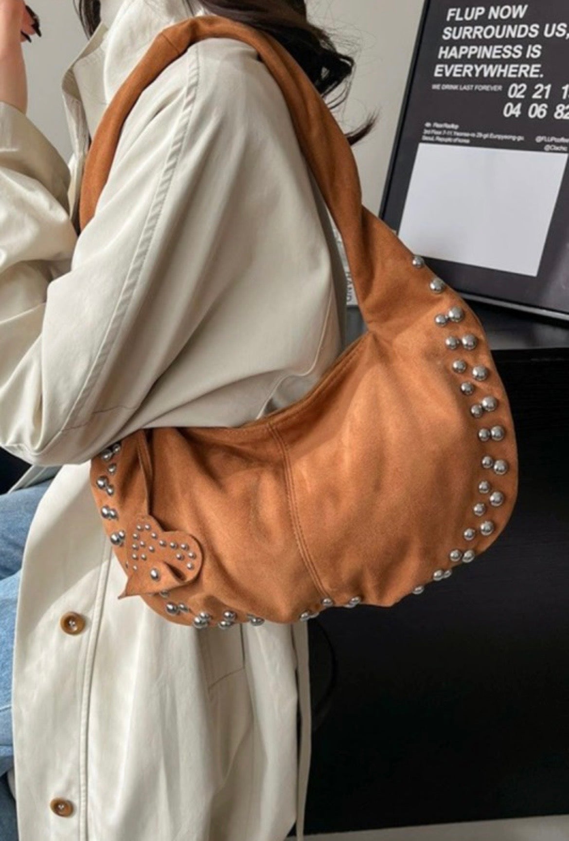 Suede Studded Shoulder Bag - Camel