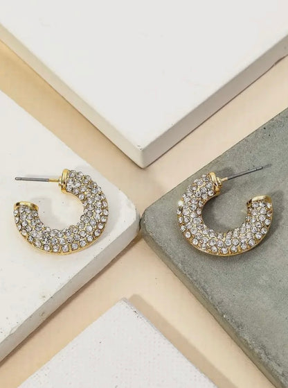 Half Crystal Studded Hoops - Gold