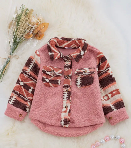 Pink Geometric Sherpa Shacket