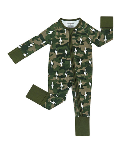 Bamboo Zip Romper | Green Camo Bolts