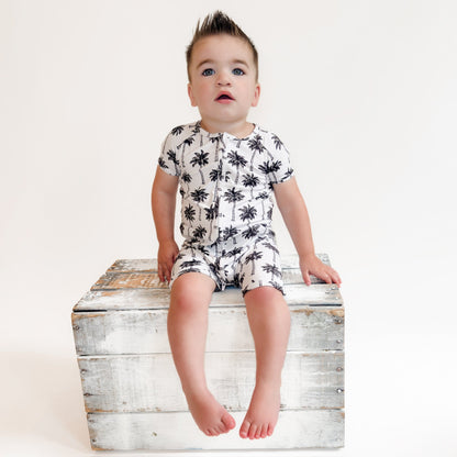 Bamboo Shorty Romper  | Palm Style White