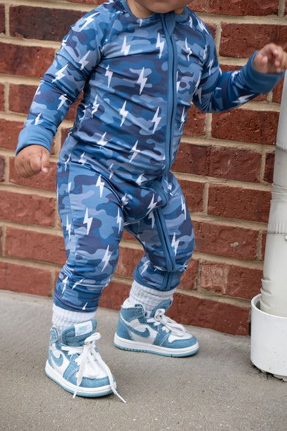 Bamboo Zip Romper | Blue Camo Bolts