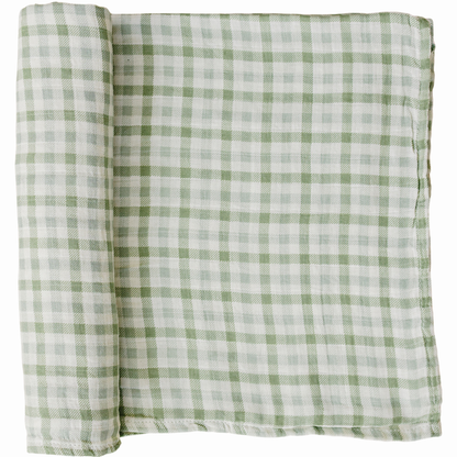 Green Gingham Muslin Swaddle Blanket