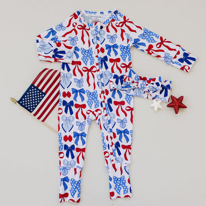 Bamboo Zip Romper  | Red-White & Bows
