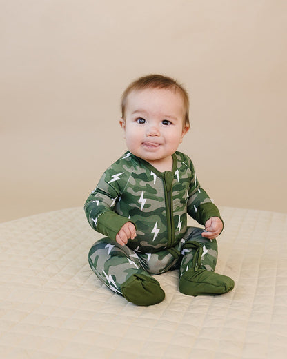 Bamboo Zip Romper | Green Camo Bolts