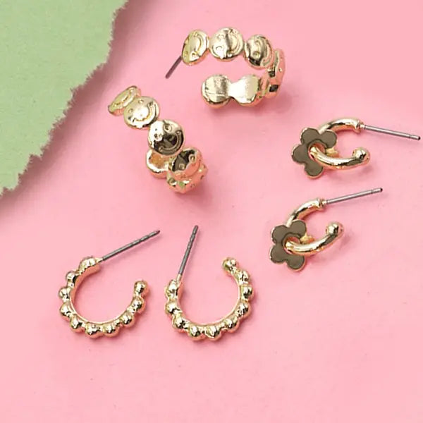 Smiley Flower Huggie Trio Set - Gold