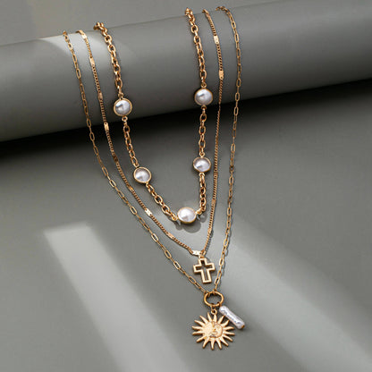 Sun Pearl Cross Multilayer Necklace