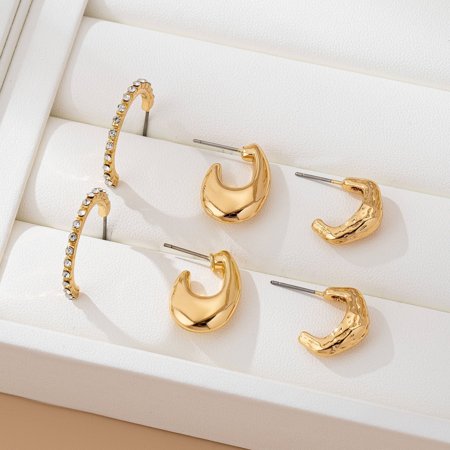 Rhinestone Huggie Hoop Earring Set - Gold