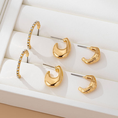 Rhinestone Huggie Hoop Earring Set - Gold