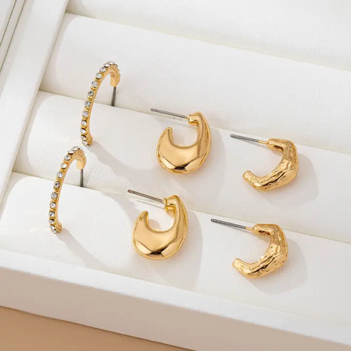 Tapered Rhinestone Hoop Trio Set - Gold