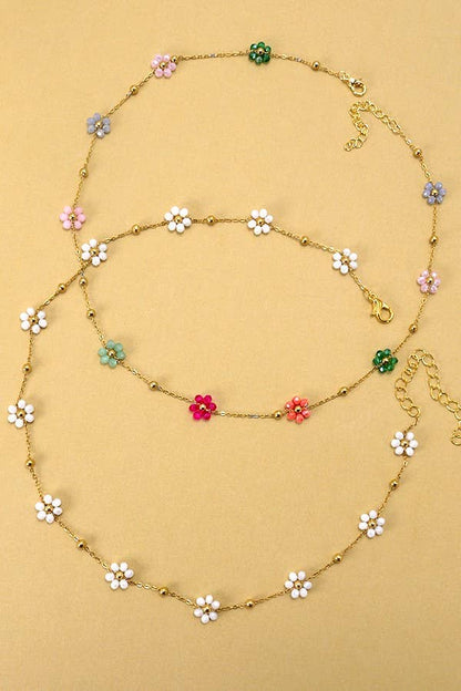 Beaded Flower Necklace - White
