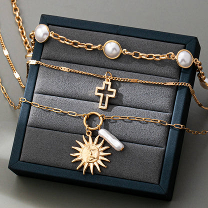 Sun Pearl Cross Multilayer Necklace