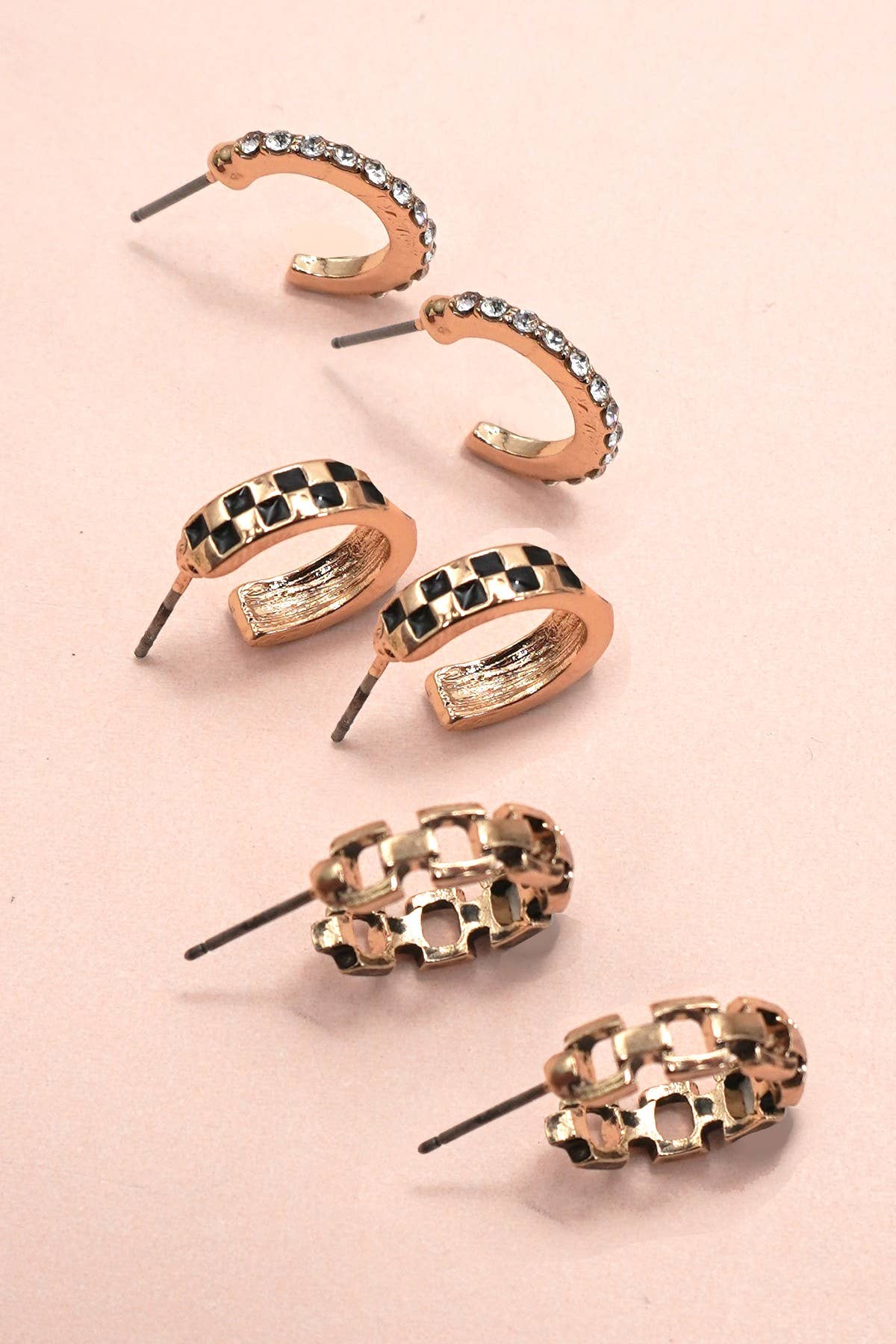 Checkered Hoop Earring Set - Gold