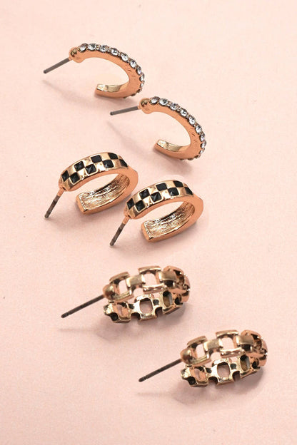 Checkered Hoop Earring Set - Gold