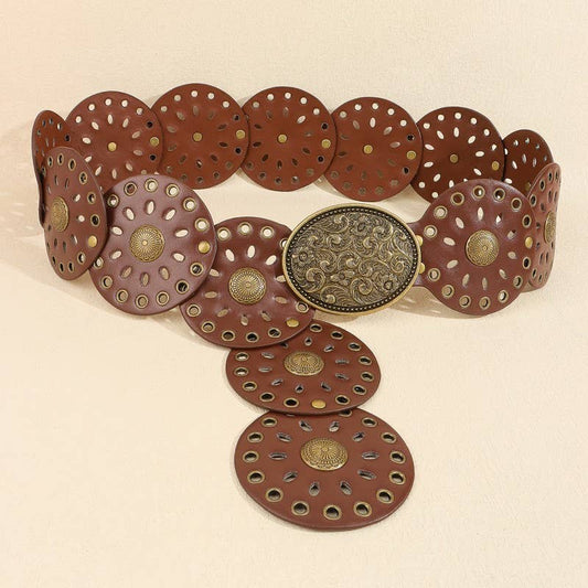 Studded Oval Disc Belt - Brown