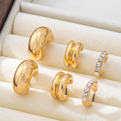 Rhinestone Double Puffy Hoop Set - Gold