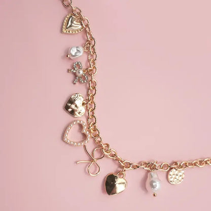 Bow Heart Pearl Charm Bracelet - Gold