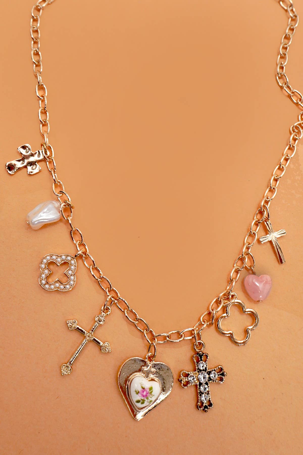 Porcelain Flower Charm Necklace - Gold