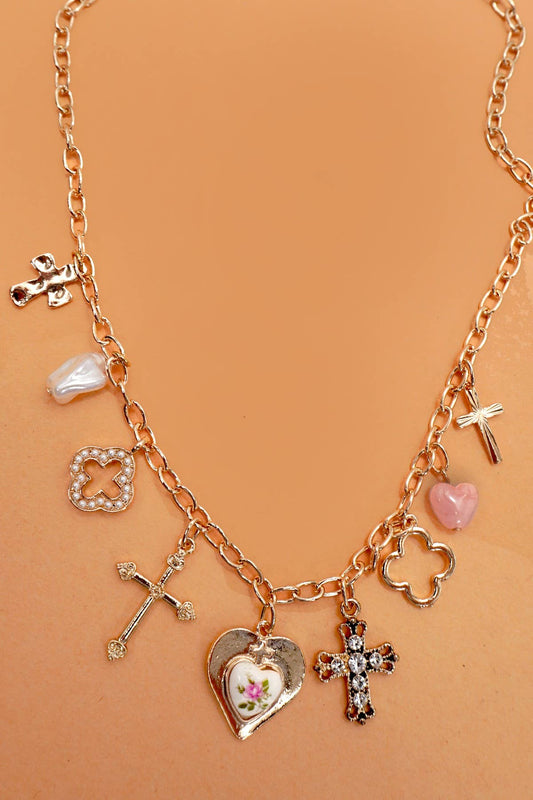 Porcelain Flower Charm Necklace - Gold