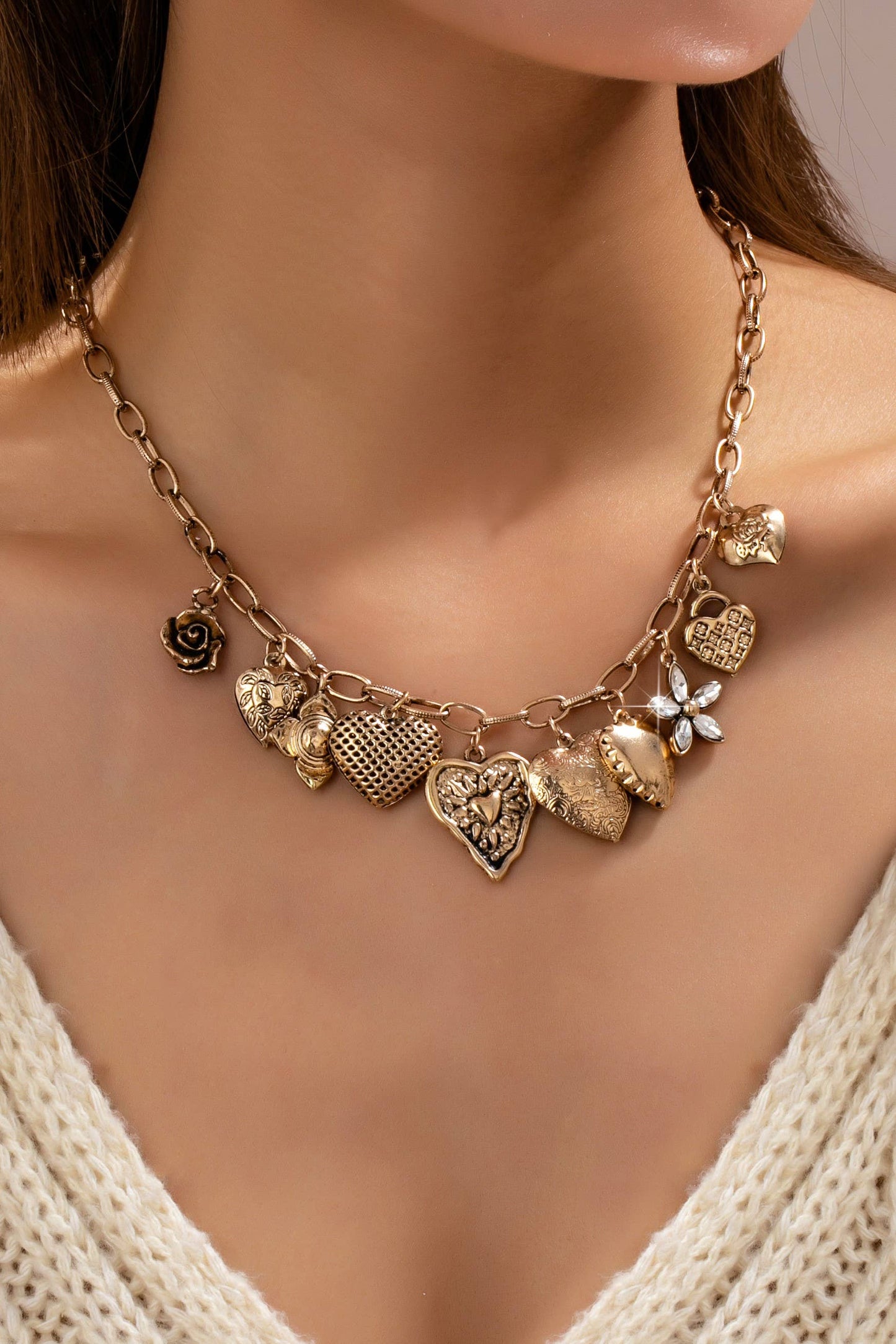 Heart Charm Necklace - Vintage Gold
