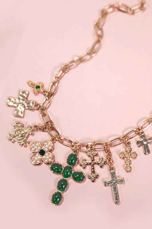 Jade Cross Charm Necklace - Gold