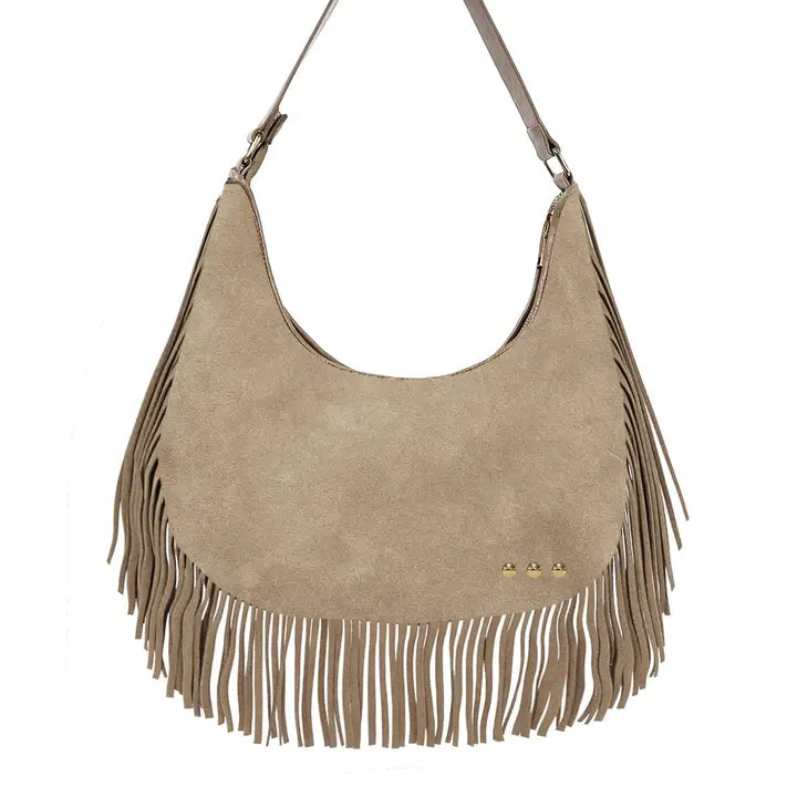 Loretta Suede Fringe Sloughy Bag - Taupe