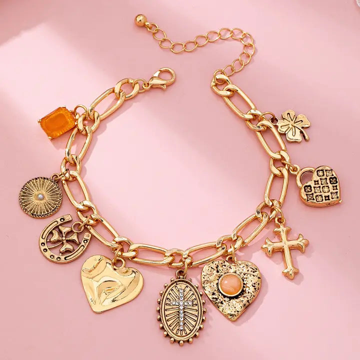 Cross Heart Oval Motifs Charm Bracelet - Gold
