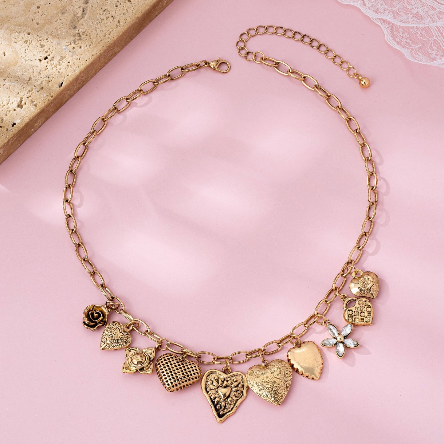 Heart Charm Necklace - Vintage Gold