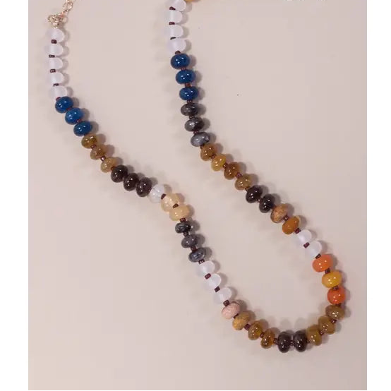 Natural Agate Glass Bead Necklace - Blues/Browns