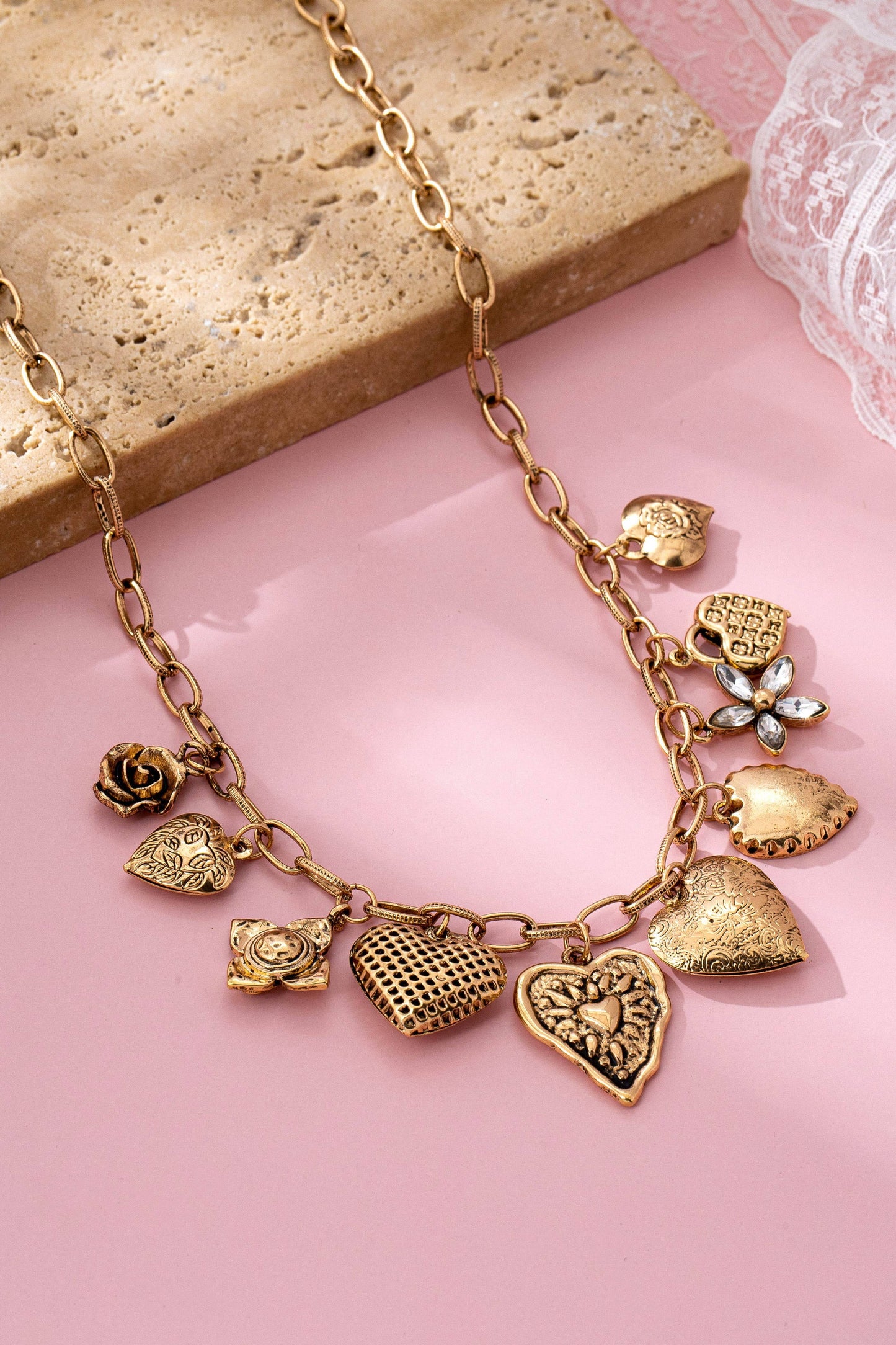 Heart Charm Necklace - Vintage Gold