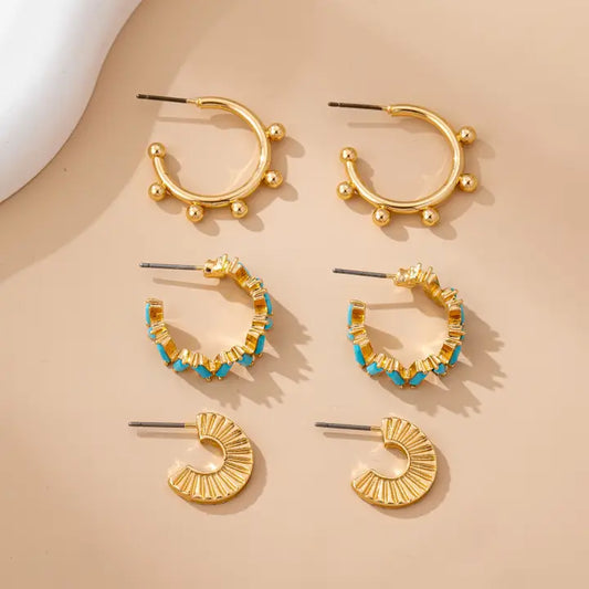 Turquoise Hoop Trio Earring Set - Gold