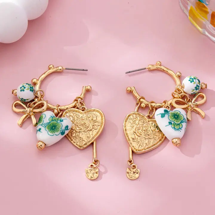 Chinoiserie Hoop Earrings - Gold/Green