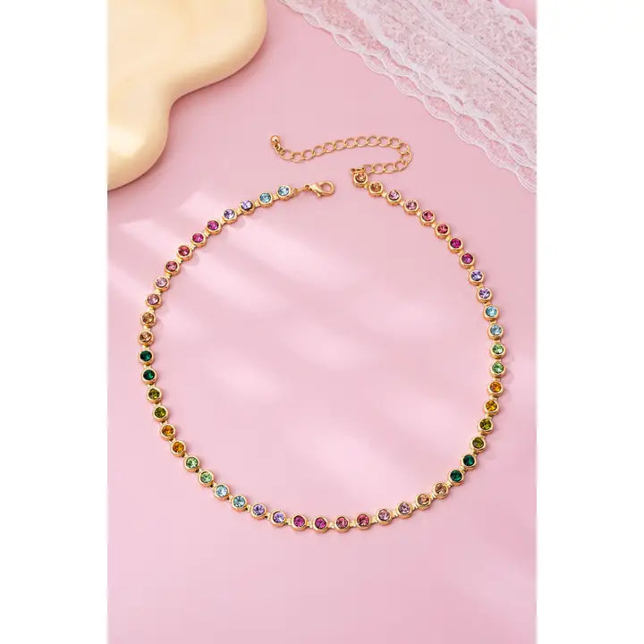 Rainbow Gemstone Tennis Necklace - Gold