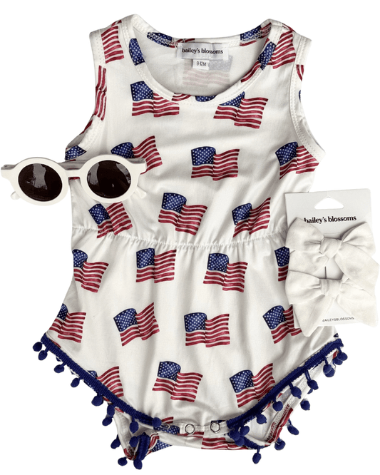 Dillon Pom Pom Romper - Patriotic Flags